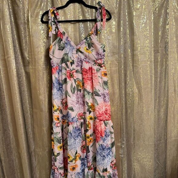 Express Pink Floral Spring Chiffon Tie Strap Tiered Dress Small NWT - Picture 1 of 9